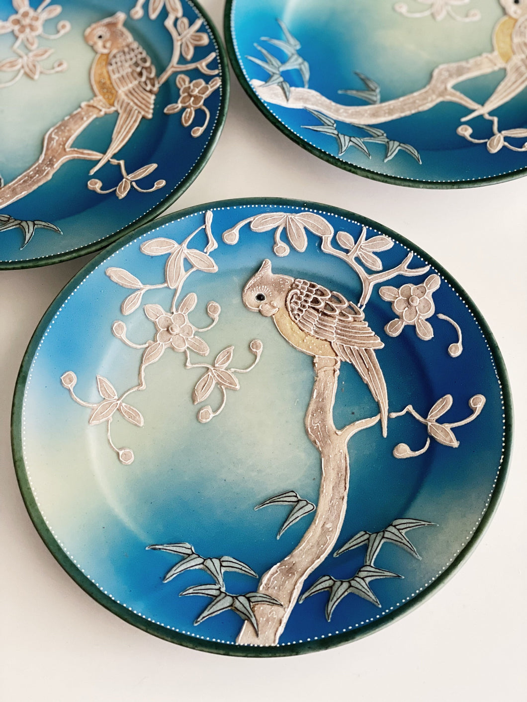 Vintage Bird Parrot Japanese Porcelain Ceramic Plate / Dish - Set of Two